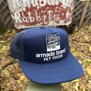Vintage trucker hat mesh cap armada brand pet food grain ship boat blue snapback